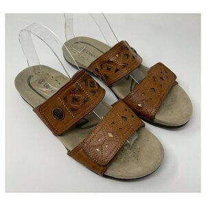 Drexlite Brown Double Laser Cutout Straps Leya Sandals Size 10M Slip On Flats